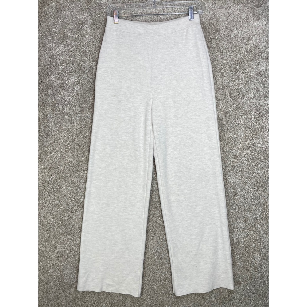 Zara High Rise Ribbed Knit Wide Leg Pants Women M Oatmeal Heather Relaxed Lounge